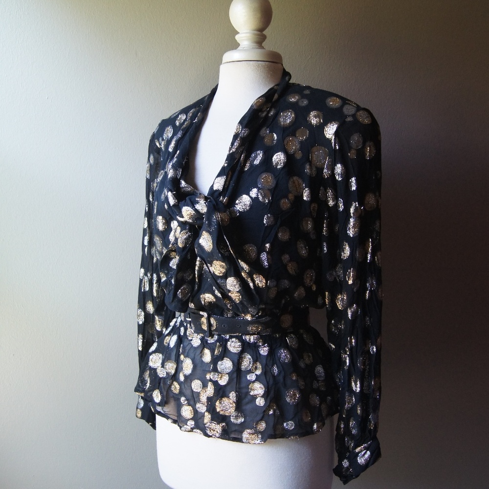 Vintage Halston Top Large Size 12 Black Gold Bow